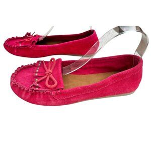 Womens 8.5/small 9 RedPink Suede Kiltie Moccasin Flats W/ Bow & Stud Accents